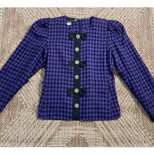Vintage 90s Donna Ricco Purple Plaid bow detail long sleeve top SZ 4